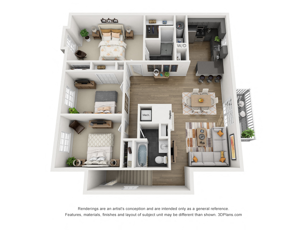 Floor plan for 3 beds, 2 baths, 1166 sqft